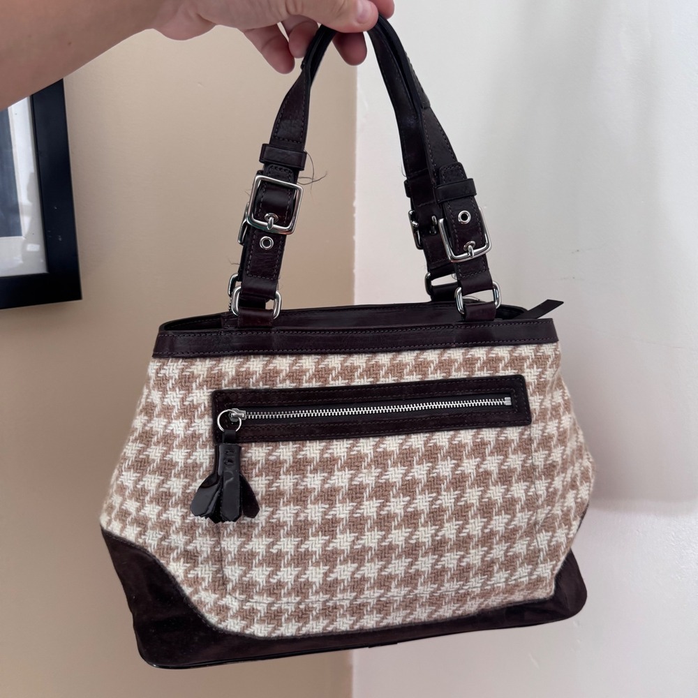 Coach Hampton Houndstooth Wool Leather Tote Bag Brown Tan 8E88